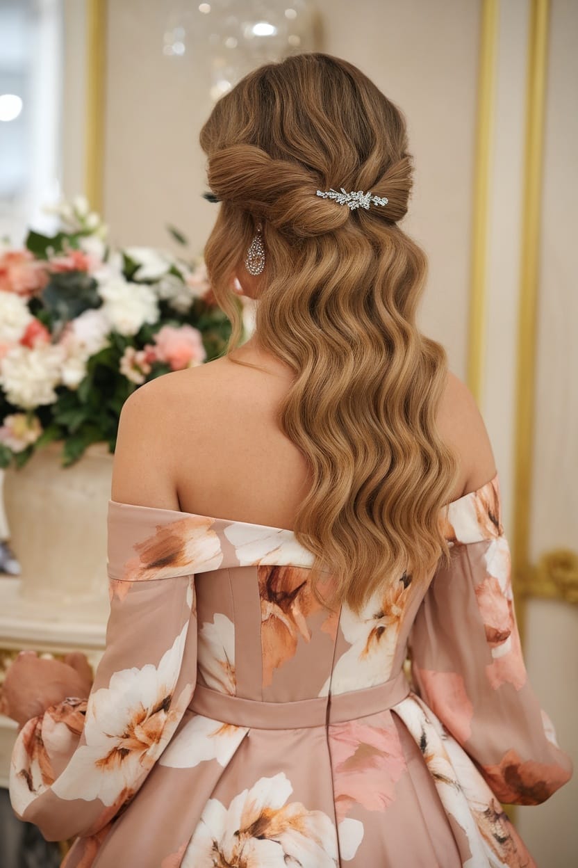 A woman with thick wavy hair styled in an elegant twisted updo, showcasing curls and a decorative hair accessory.