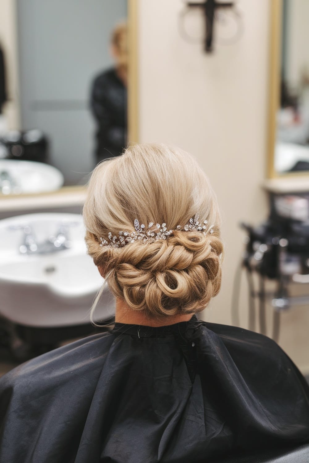 A woman with a twisted updo hairstyle adorned with rhinestone pins, sitting in a salon.