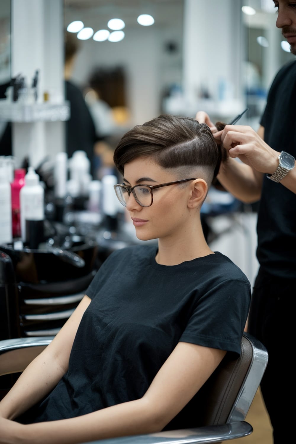 A woman with an undercut pixie hairstyle, sitting in a salon chair while a stylist works on her hair.