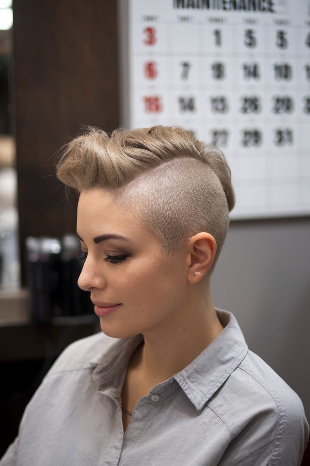 A woman with an undercut pixie hairstyle, showcasing a stylish look with a calendar in the background.