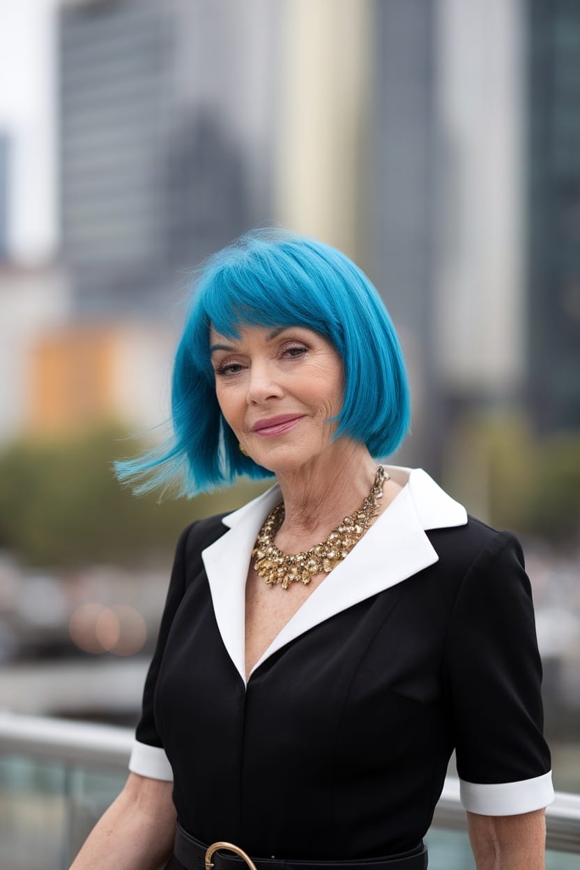 A woman with vibrant blue hair, wearing a stylish outfit and necklace, confidently posing in an urban setting.