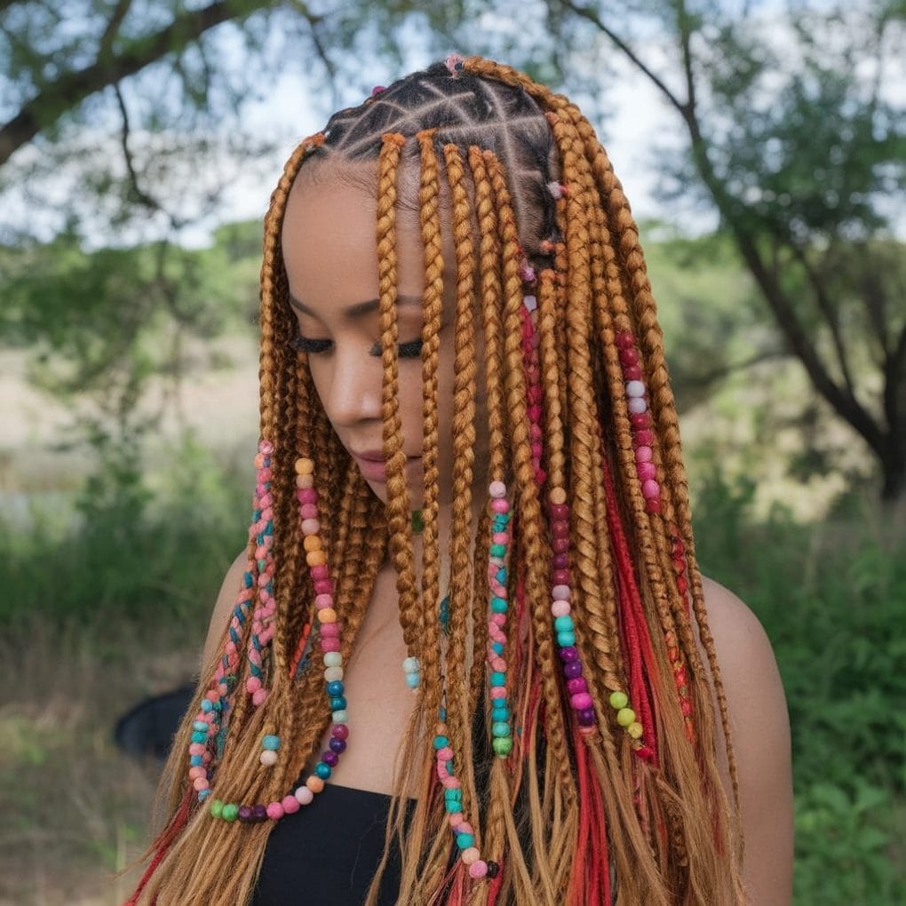 A close-up view of a woman with long knotless braids adorned with colorful beads, showcasing a vibrant hairstyle.