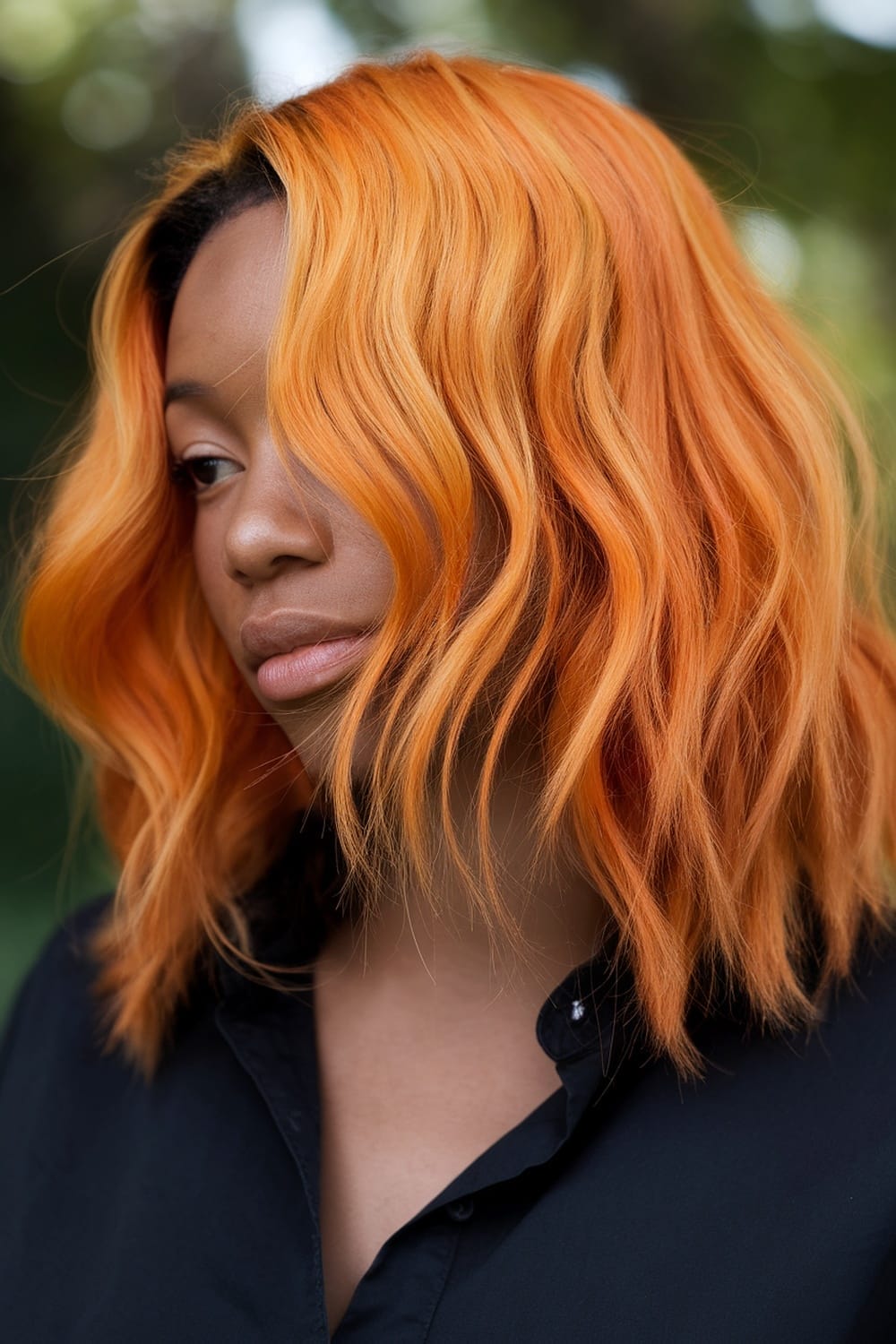 A woman with vibrant orange wavy hair and a black shirt, showcasing a confident look.