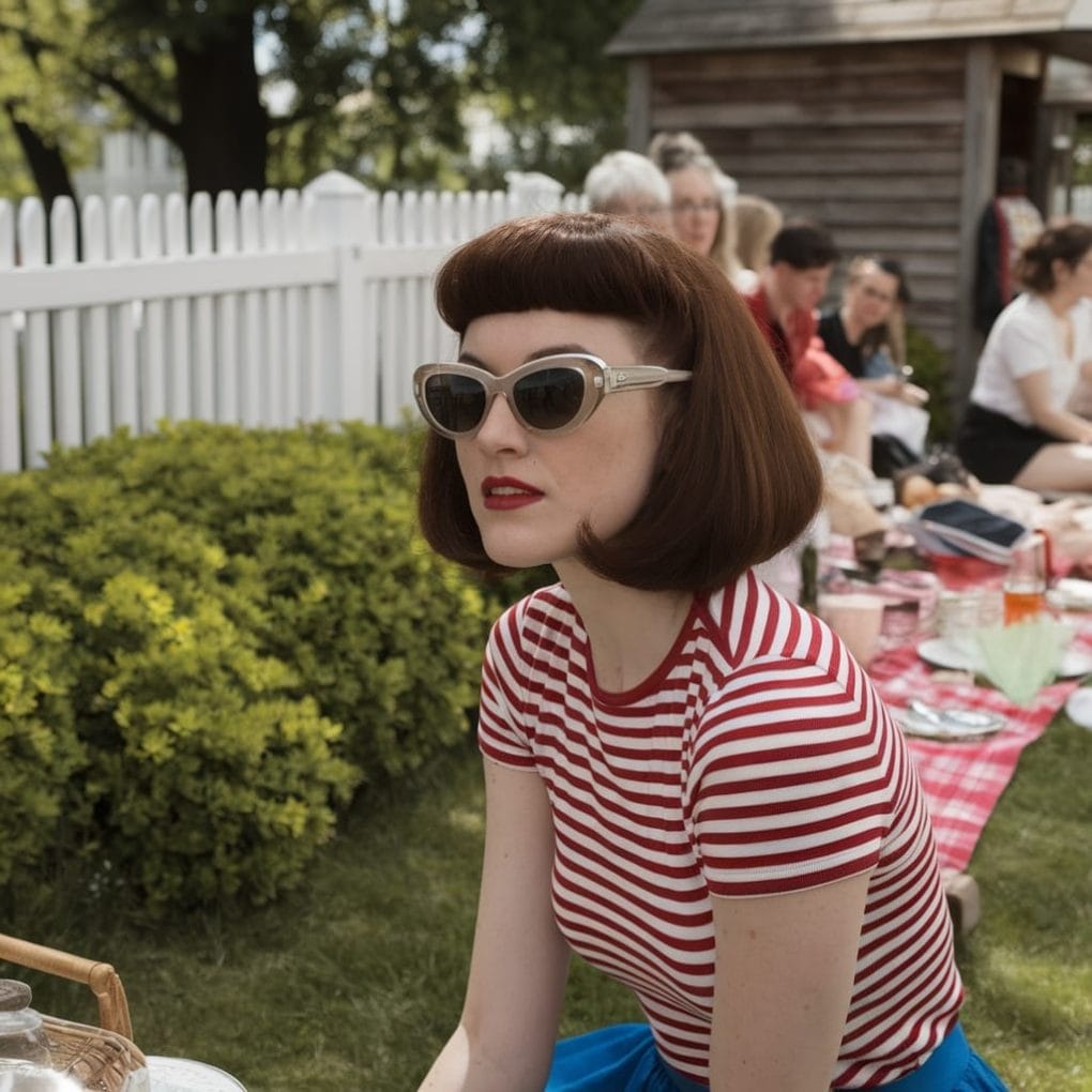 A woman with a vintage-inspired boy cut, wearing sunglasses and a striped shirt, sitting outdoors with a picnic setting in the background.