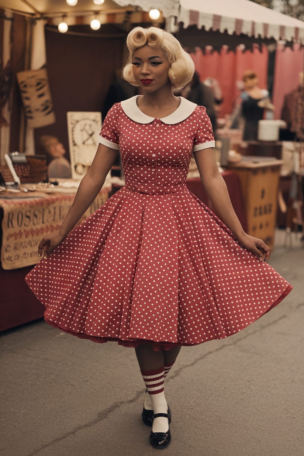 A woman in a vintage-inspired polka-dot dress with blonde curls, showcasing a classic pin-up look.