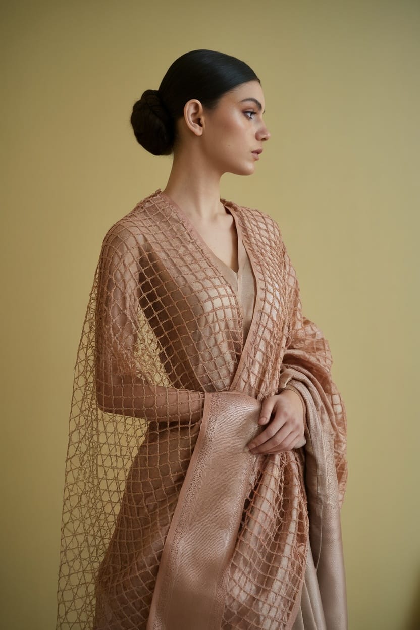 Model wearing a vintage bun hairstyle with a net dupatta, showcasing traditional attire.