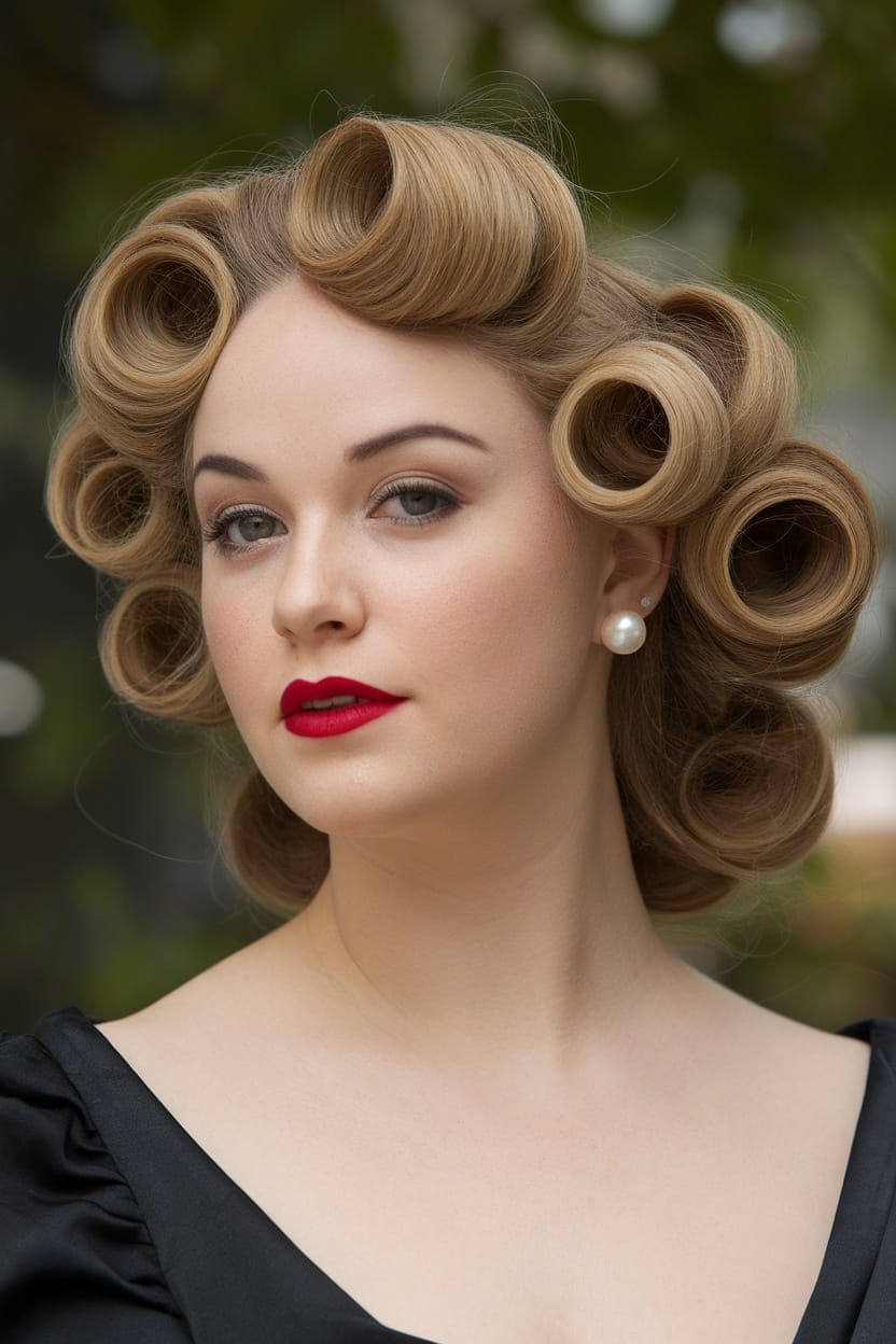 A woman with vintage curls styled elegantly, showcasing a round face shape.