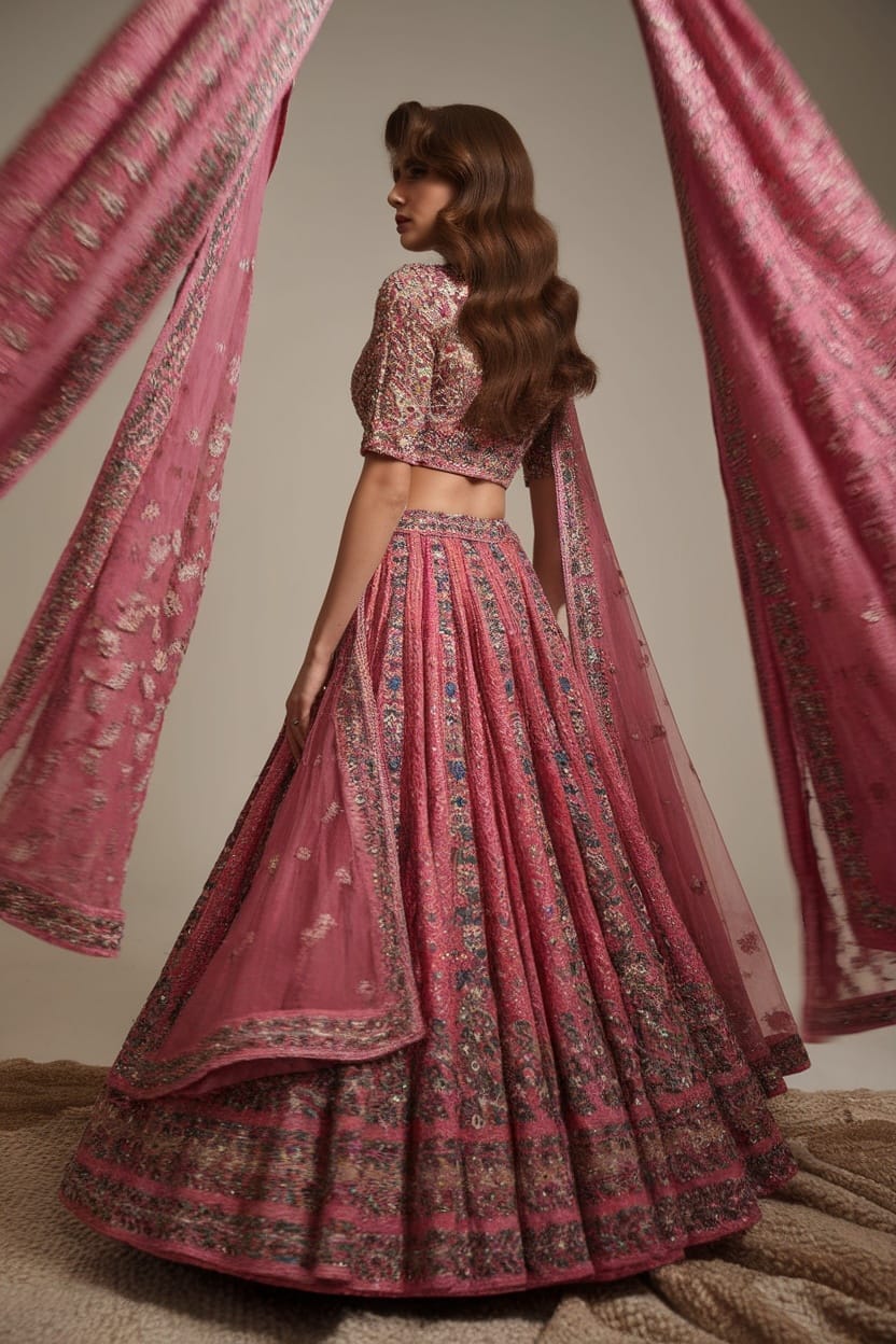 Model wearing a lehenga with vintage glamour waves hairstyle