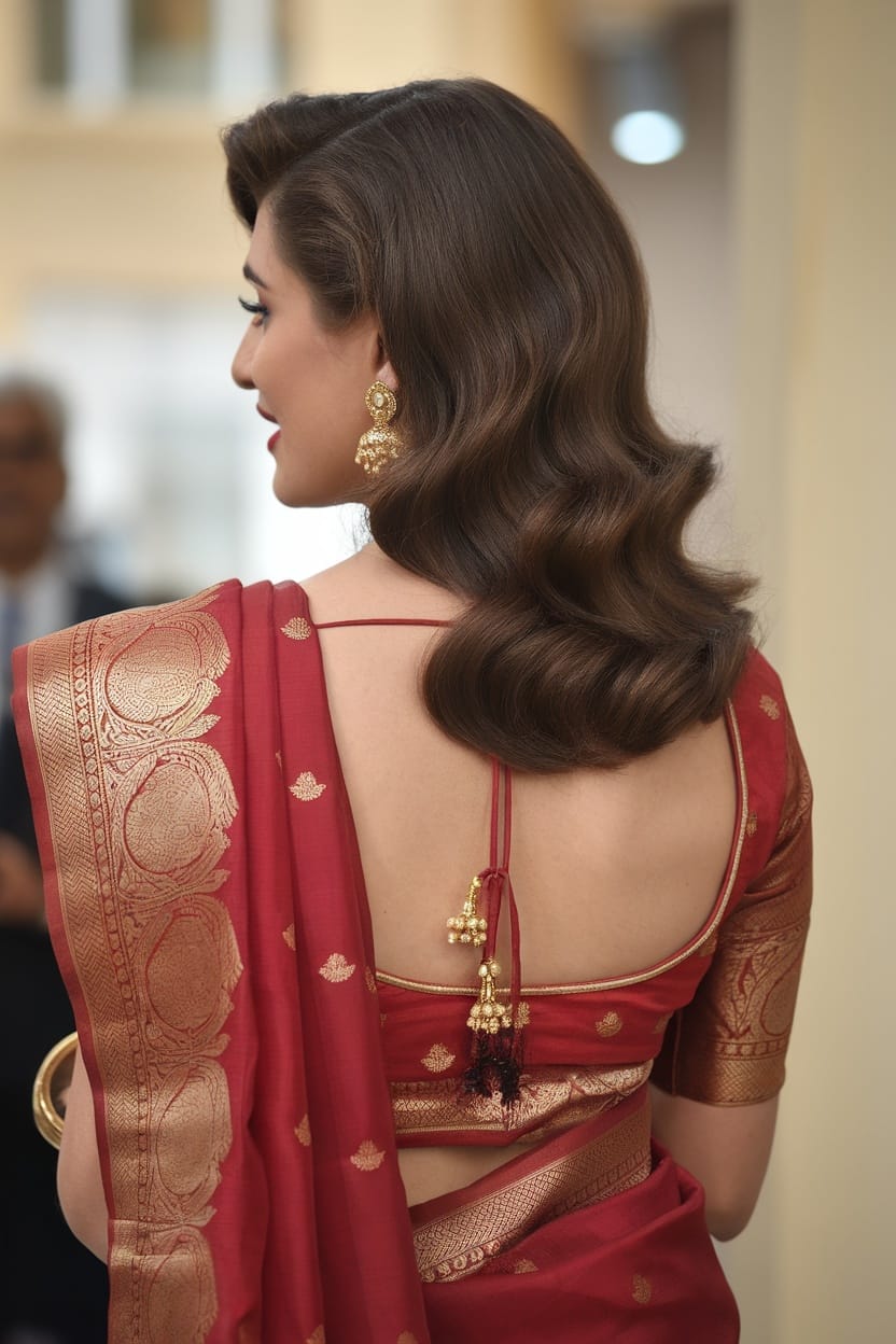 A woman in a red saree with gold detailing, showcasing vintage Hollywood waves hairstyle.
