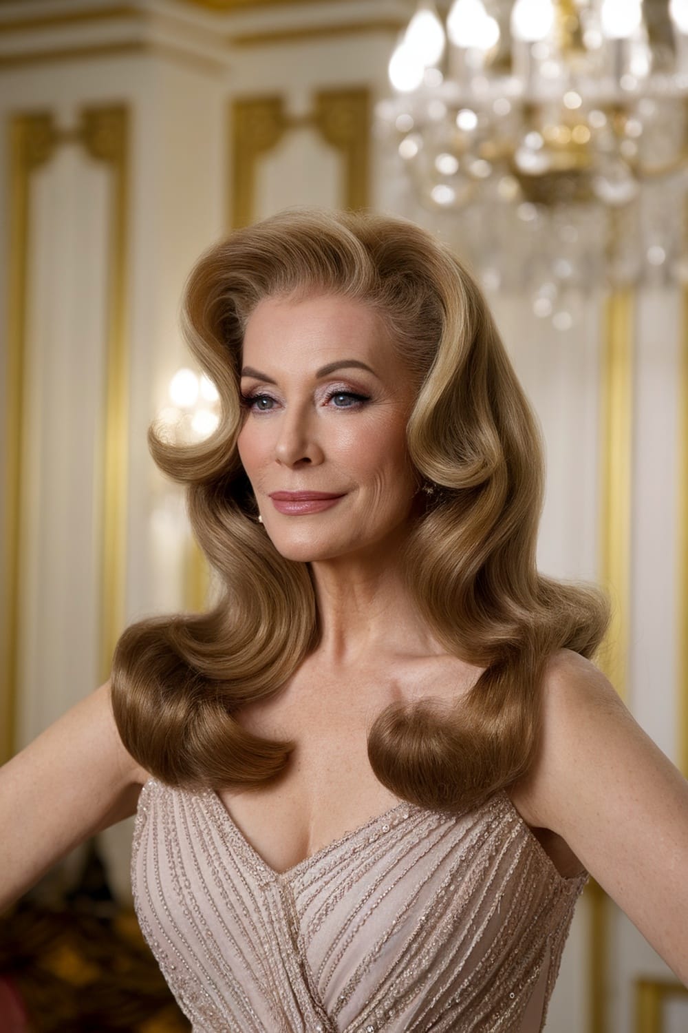 A woman with vintage Hollywood waves hairstyle, showcasing elegant curls and a sophisticated look.