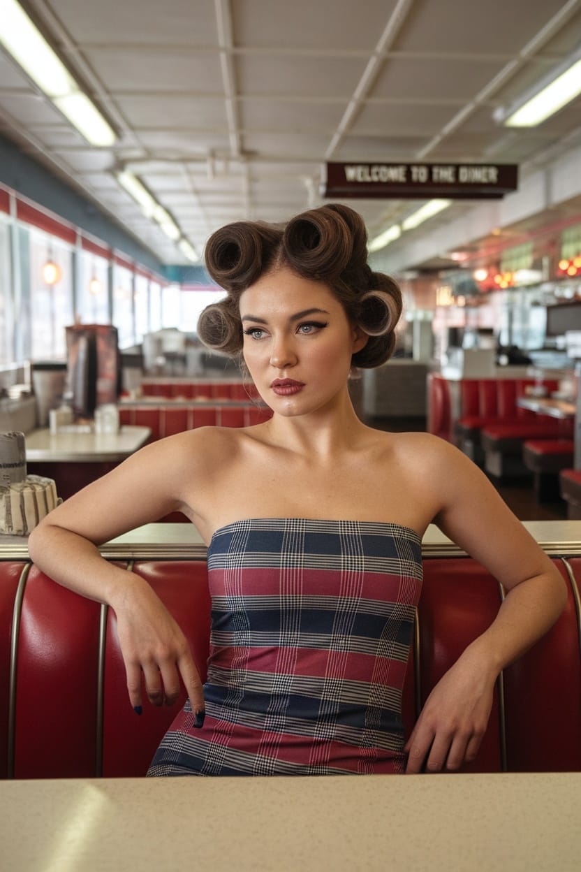 A woman with victory rolls hairstyle wearing a plaid tube dress in a vintage diner setting.