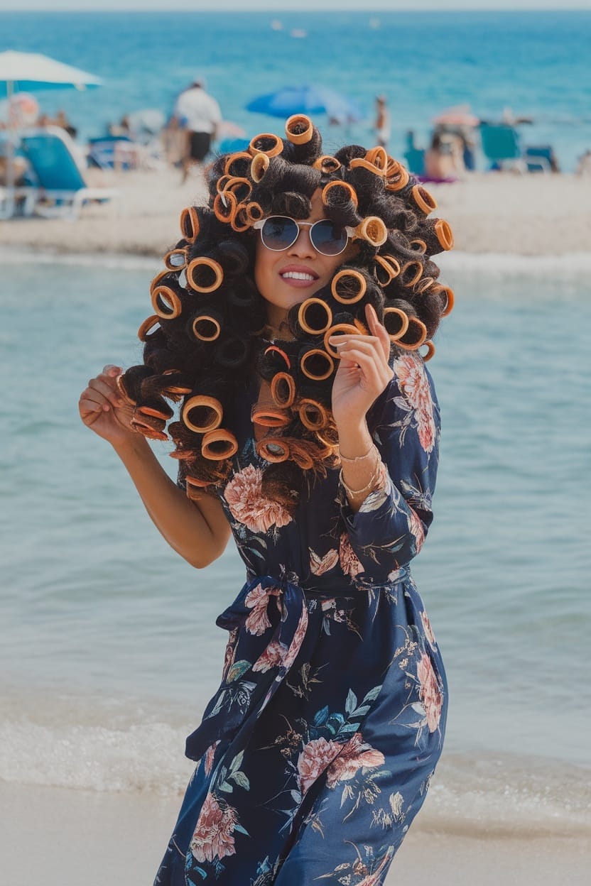 A woman enjoying the beach with her voluminous curls styled using orange hair rollers.