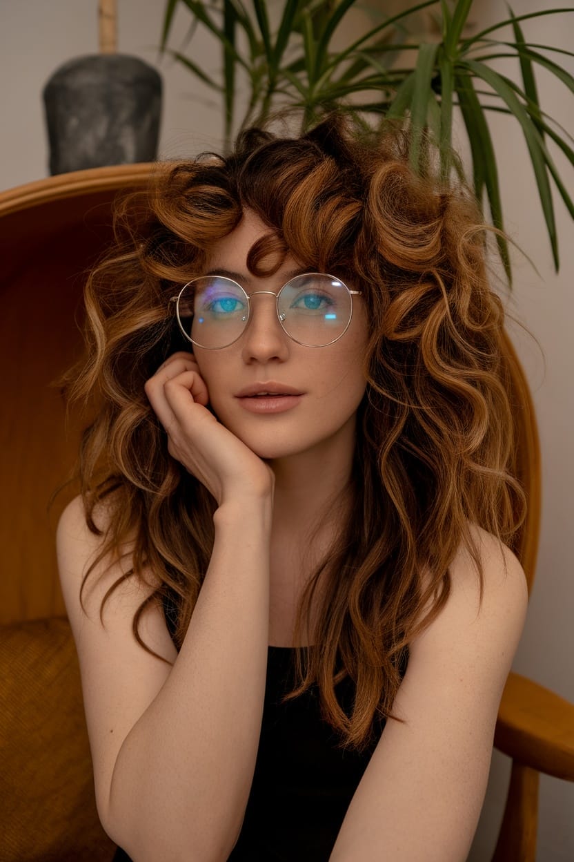 Woman with voluminous curls and glasses, showcasing a hairstyle suitable for square face shapes.