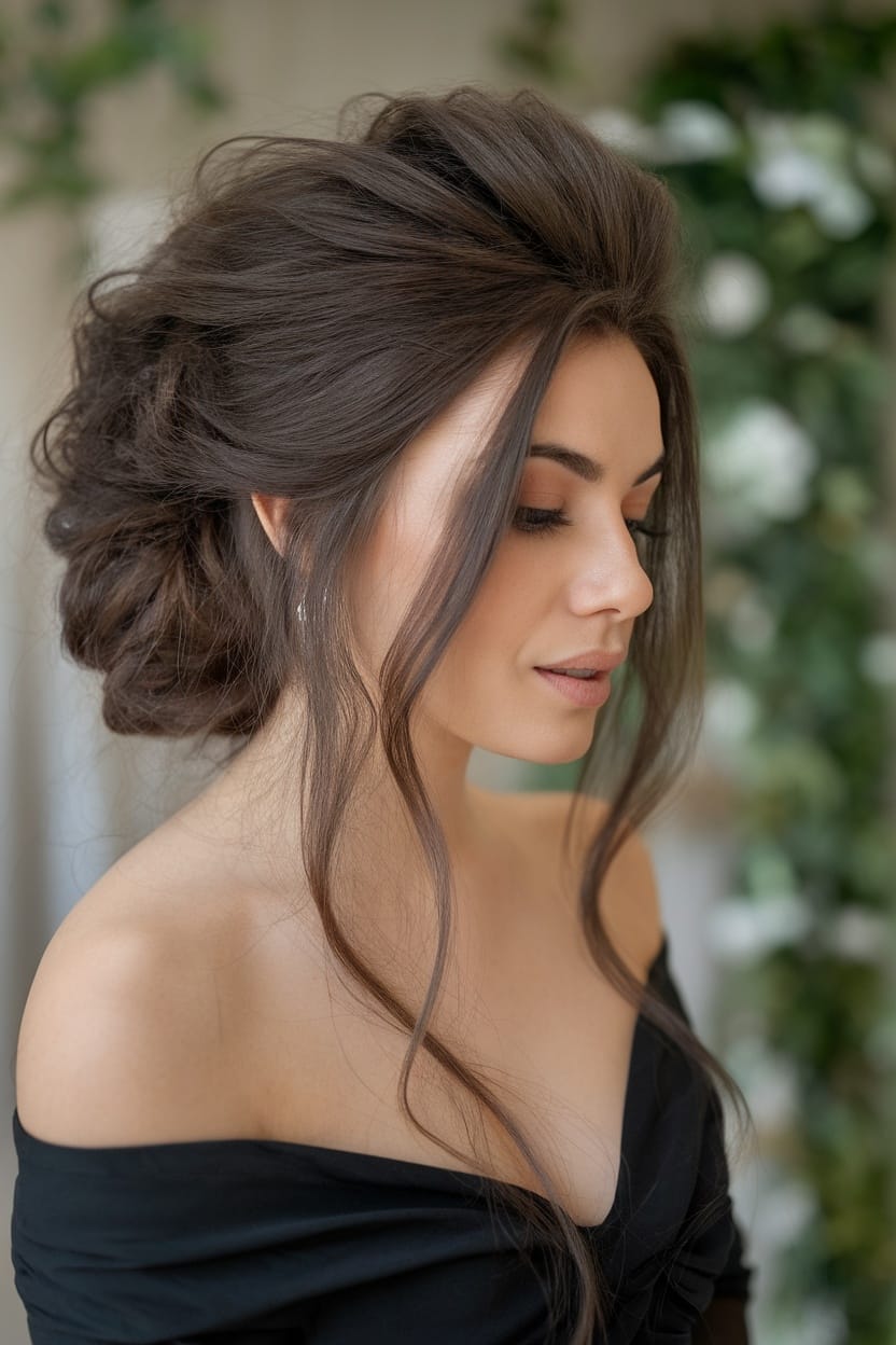 A woman with a voluminous updo hairstyle, wearing an off-shoulder top, showcasing an elegant and sophisticated look.