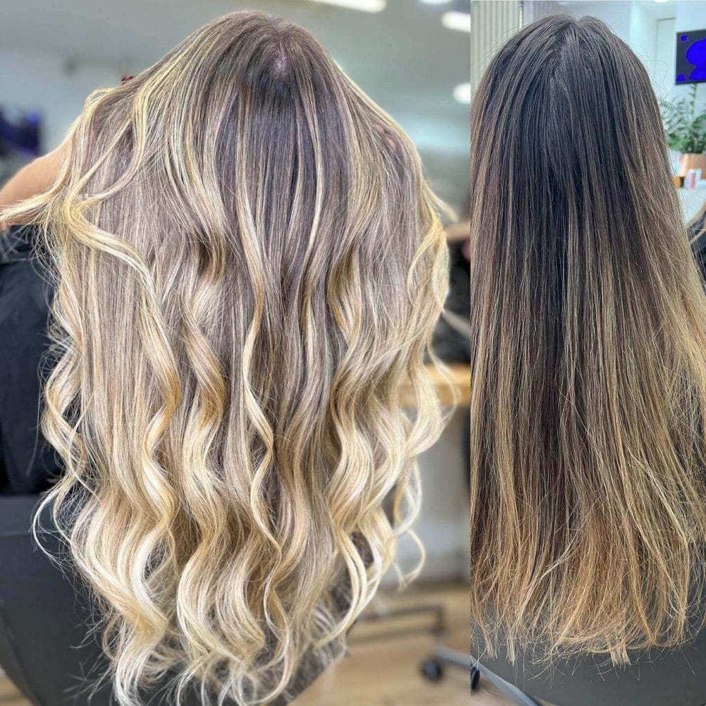 Transformed blonde Butterfly Cut showcasing wavy cascades and color correction.