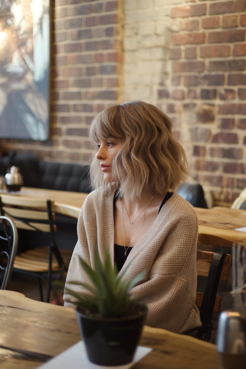 A woman with a wavy lob haircut and bangs, sitting in a cafe.
