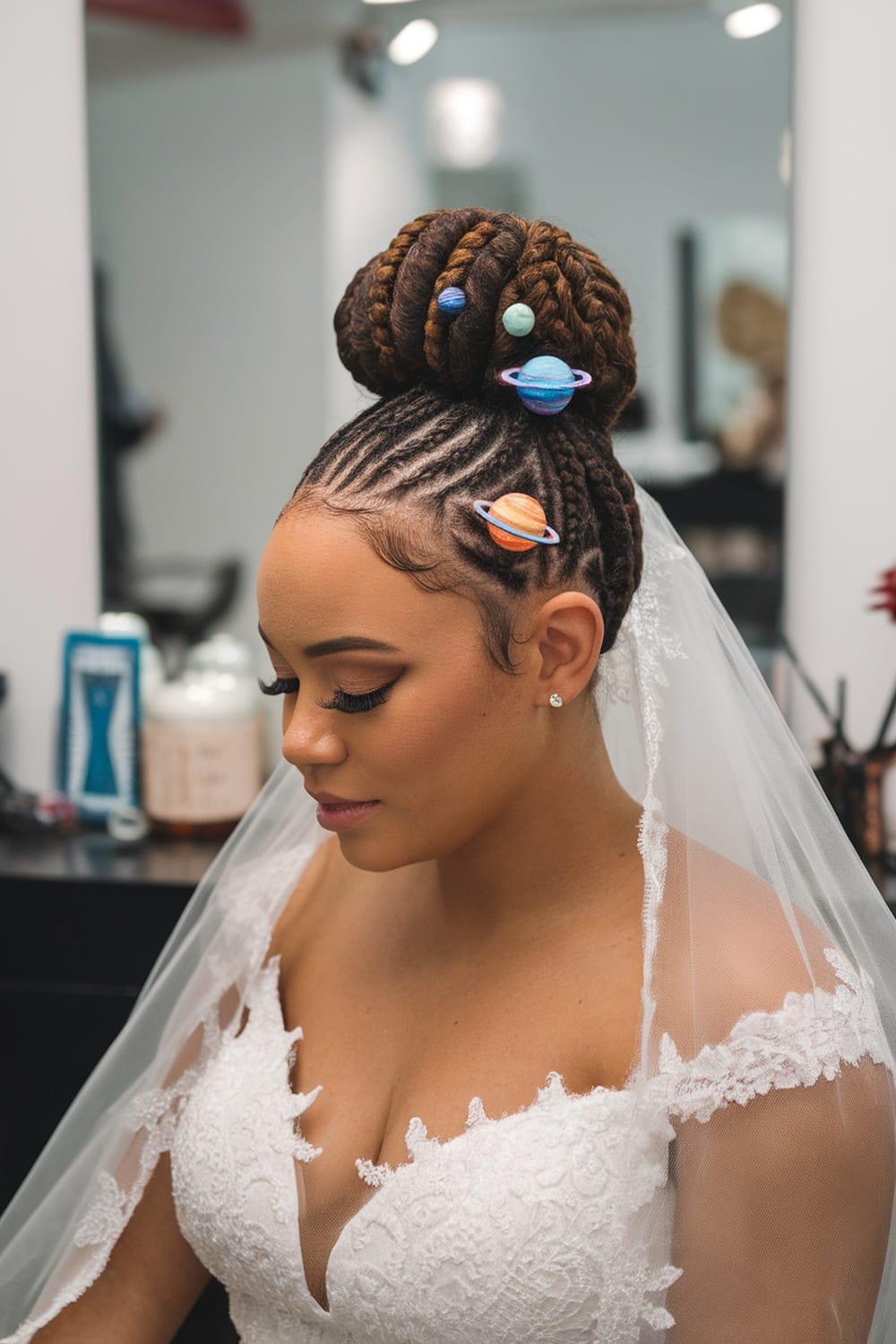 Bride with space buns hairstyle adorned with planet-themed accessories.