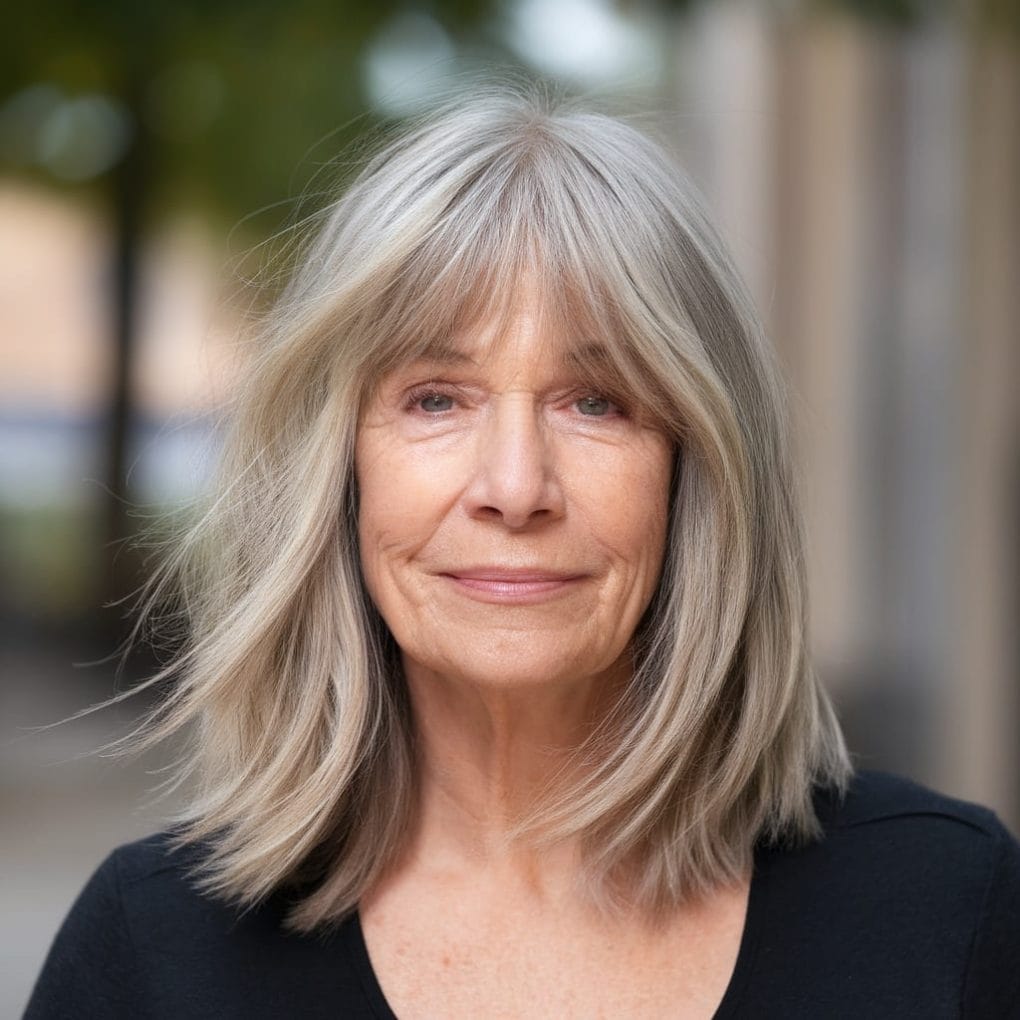 Older woman with shoulder-length hair and wispy bangs, smiling